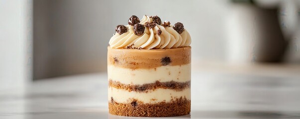 A close-up of a delicious layered dessert with cream, chocolate chips, and biscuit on a marble surface, perfect for food lovers and culinary enthusiasts.