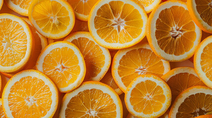 A detailed shot of fresh orange slices, filling the entire background. The bright, juicy fruit segments make for a visually striking and appetizing scene.