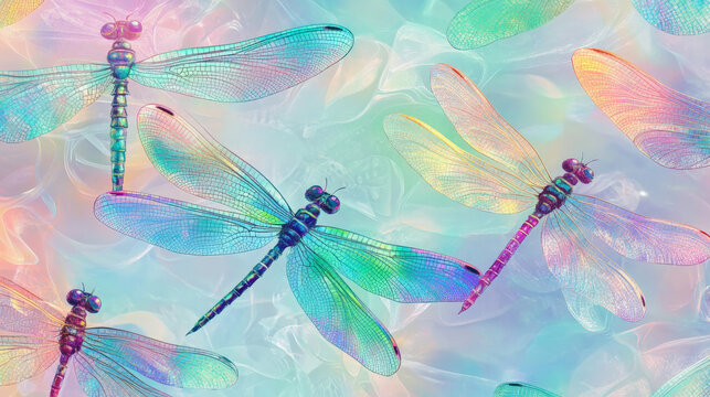 A pattern of colorful dragonflies with iridescent wings in shades of blue, green, and pink, creating an enchanting and whimsical background.