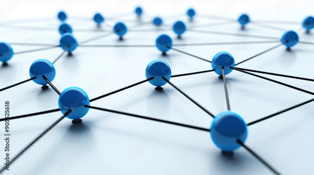 Poster network topology concept with interconnected blue nodes and black lines representing connections.
