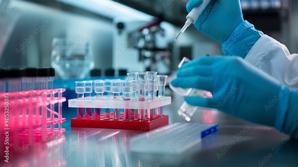Leinwandbilder medical development research laboratory chemist or science scientist student hand in glove drop wate