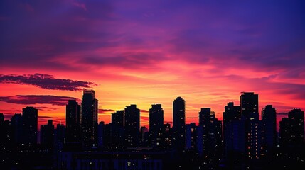 Fototapeta premium Serene Cityscape Silhouette at Sunset - Urban Skyline in Twilight Glow