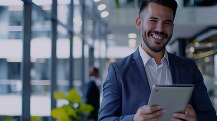 Smiling busy young latin business man manager using tablet computer happy hispanic businessman executive looking at tab device analyzing finance trading market data working standing in : Generative AI