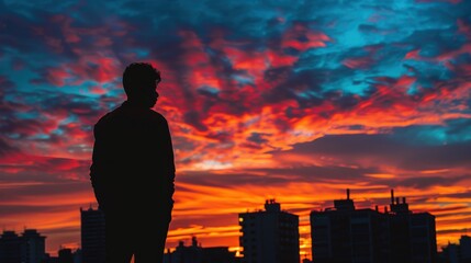 Fototapeta premium Serene Urban Silhouette Against Vibrant Sky at Sunset