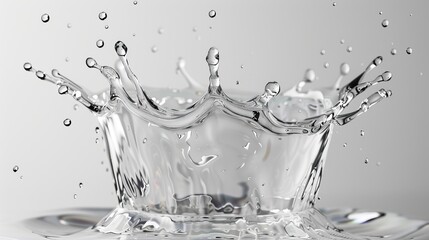 Crystal clear water splash with fine droplets 3D illustration white background