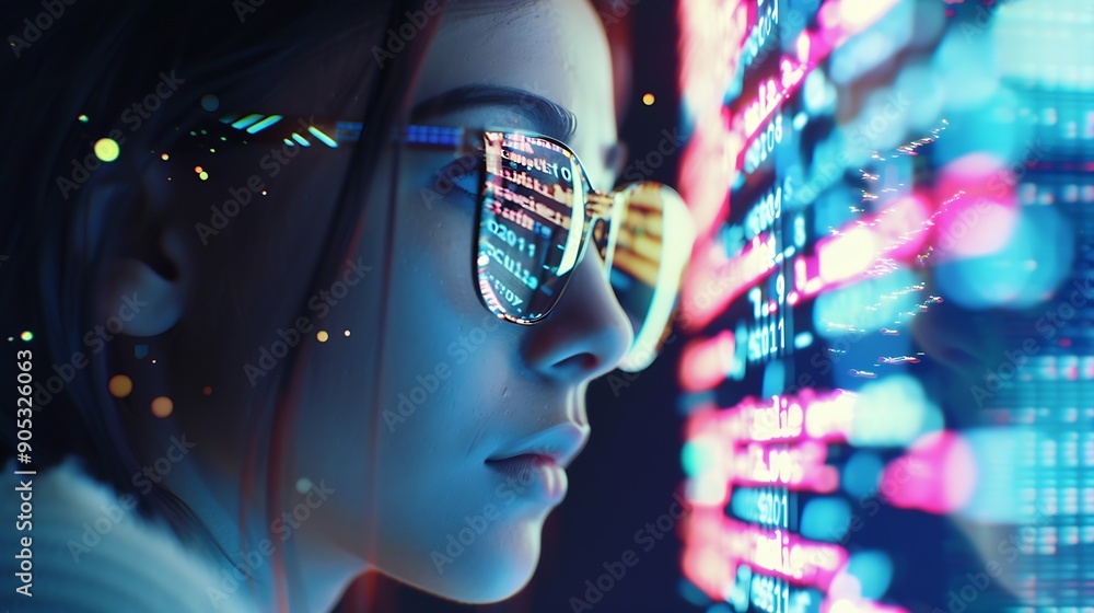 Fototapete Software data hologram and woman with code analytics information technology and gdpr overlay Programmer coding or IT person in glasses reading html script programming and cyber securit : Generative AI