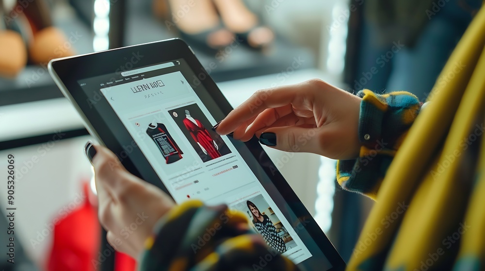 Aufkleber hands holding a modern tablet displaying an ecommerce webpage concept of online shopping with a seam