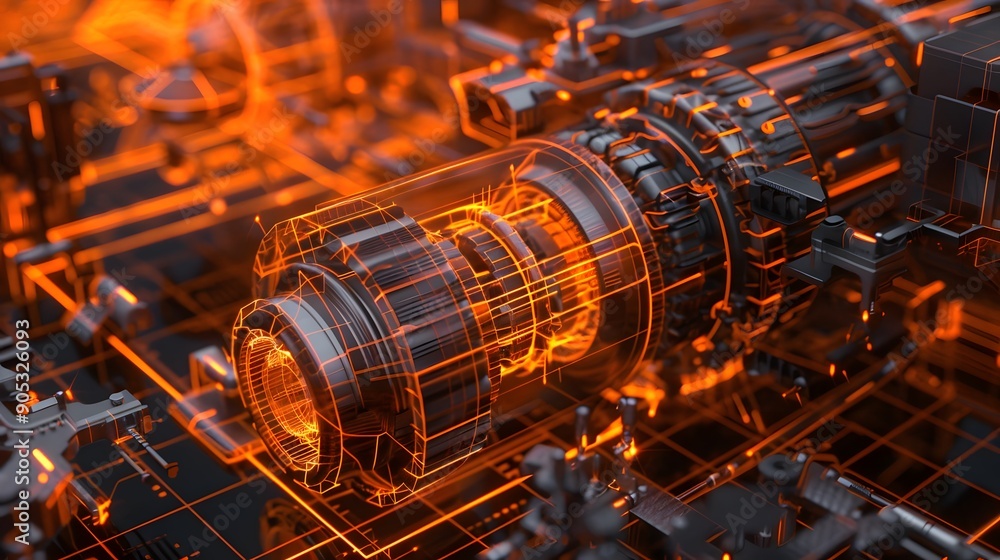 Poster detailed 3d mechanical engine blueprint with exploded view, rendered in a photorealistic style