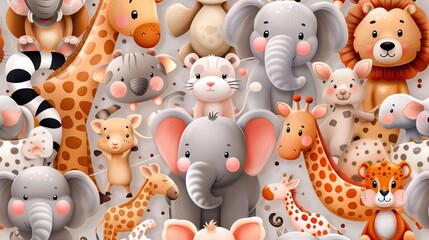 Cute cartoon safari animals in playful poses, seamless background