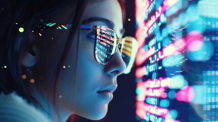 Software data hologram and woman with code analytics information technology and gdpr overlay Programmer coding or IT person in glasses reading html script programming and cyber securit : Generative AI