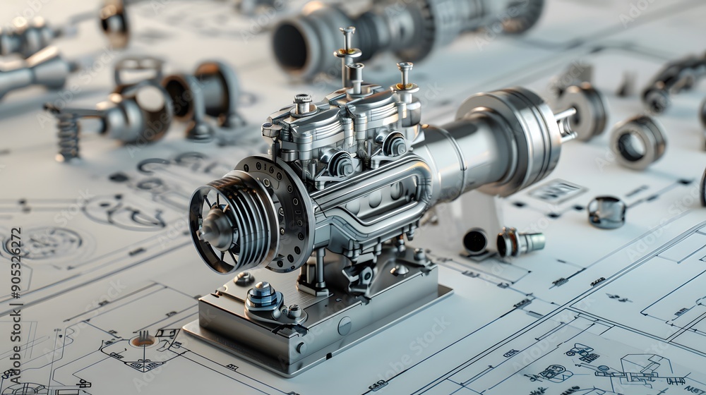 Poster detailed 3d mechanical engine blueprint with exploded view, showing intricate gears and pistons