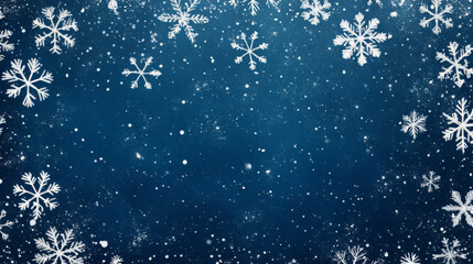 Snow-covered navy blue background with bright white snowflakes, creating a deep and serene Christmas winter design. The navy blue hue adds a peaceful, festive touch.