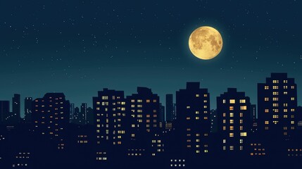 Naklejka premium Urban Night Skyline Silhouette with Full Moon - Cityscape Shadows in Moonlight
