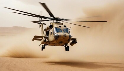 a group of soldiers marching through the dusty desert and support helicopters flying overhead
