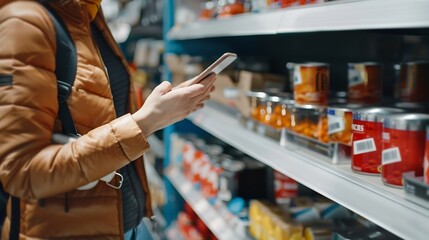 Positive young female customer scanning barcode on tin can of canned food for cats with smartphone while shopping in pet store paying for item using mobile app : Generative AI