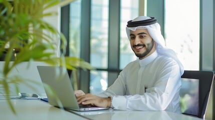 Portrait of young arab businessman inside office man typing on laptop smiling boss happy with results of financial success at workplace : Generative AI
