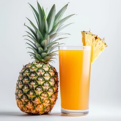 Medium shot of Glass of pineapple juice near the pineapple, isolated on a white background, 