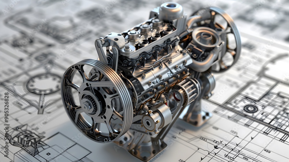 Poster detailed 3d mechanical engine blueprint with exploded view, featuring a diesel engine configuration