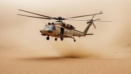 Fototapeta premium a group of soldiers marching through the dusty desert and support helicopters flying overhead 