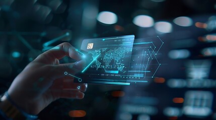 Elegant customer hold credit card with hologram interface choose online platform Smart consumer typing laptop while open ecommerce application use cashless technology shopping inventor : Generative AI