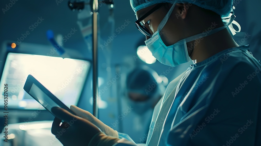 Poster Doctor Utilizing Advanced Digital Tablet Technology in Modern Healthcare Medical Professional in Operating Room Analyzing RealTime Patient Data CuttingEdge Medical Innovations and solu : Generative AI
