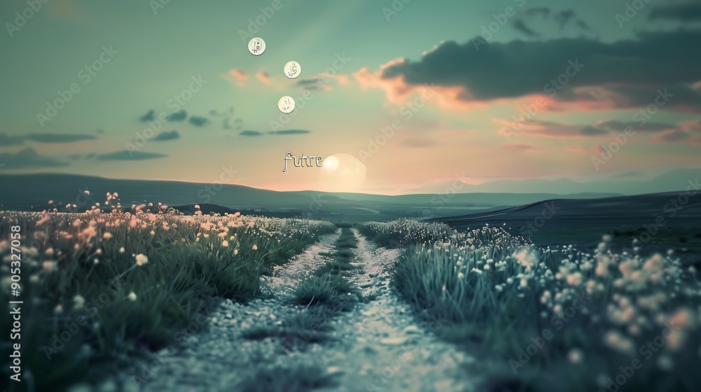 Poster serene landscape with path of coins leading to the word 