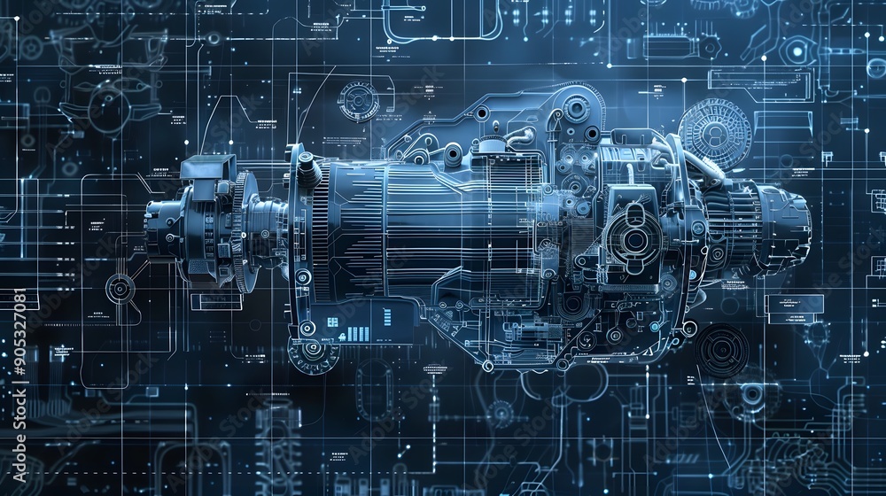 Poster detailed 3d mechanical engine blueprint with exploded view, set against a dark, contrasting backgrou
