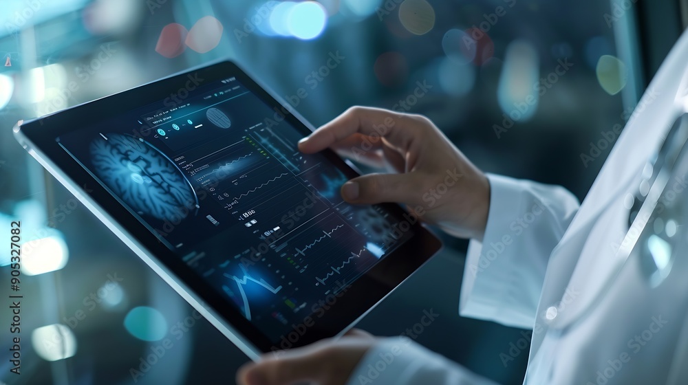 Aufkleber Medical technology EMRs Electronic medical record system concept Doctor using digital tablet laptop computer with electronic health data and  internet network connection virtual hospit : Generative AI