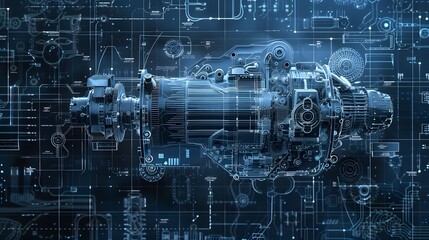 Detailed 3D mechanical engine blueprint with exploded view, set against a dark, contrasting background