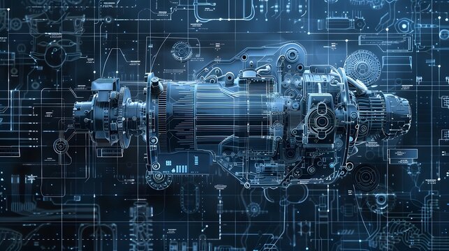 Detailed 3D mechanical engine blueprint with exploded view, set against a dark, contrasting background