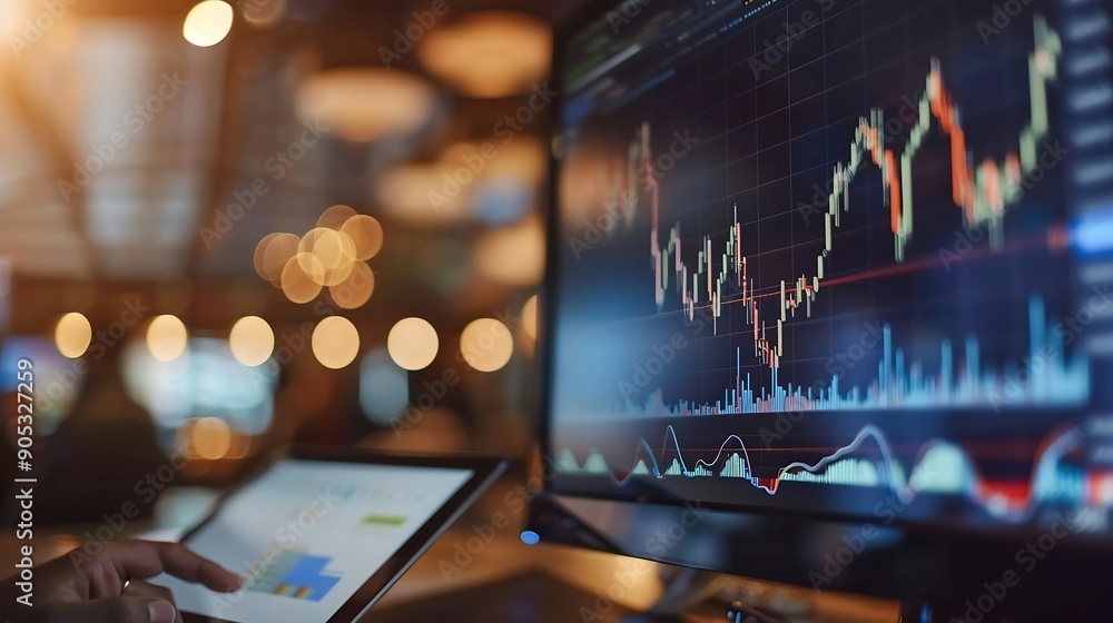 Poster Business professional brokers discussing stock market on pc screen in real time analyzing dynamic exchange rate database graph or interesting unit investment for trading in valued grow : Generative AI