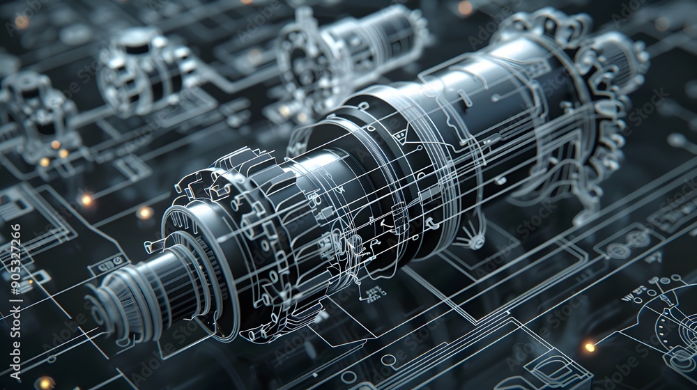 Poster detailed 3d mechanical engine blueprint with exploded view, showing intricate gears and pistons