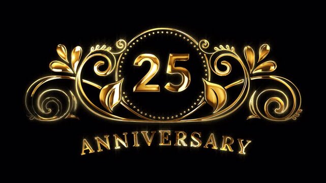 25th Anniversary Celebration. Happy 25 Years Anniversary Animation in Gold Color on the Transparent Background, Alpha Channel. Great for greetings, celebrations, events, and gifts.