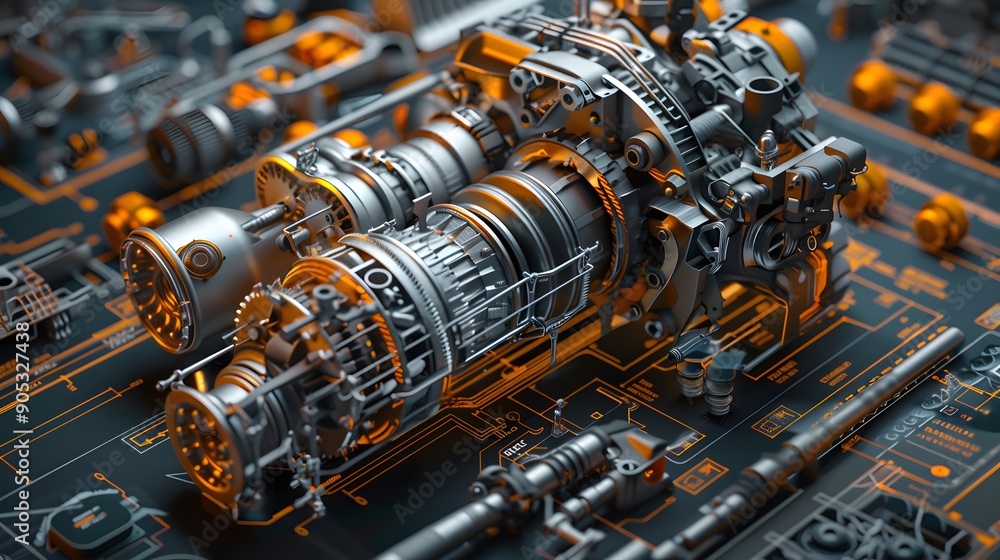 Poster detailed 3d mechanical engine blueprint with exploded view, rendered in a photorealistic style