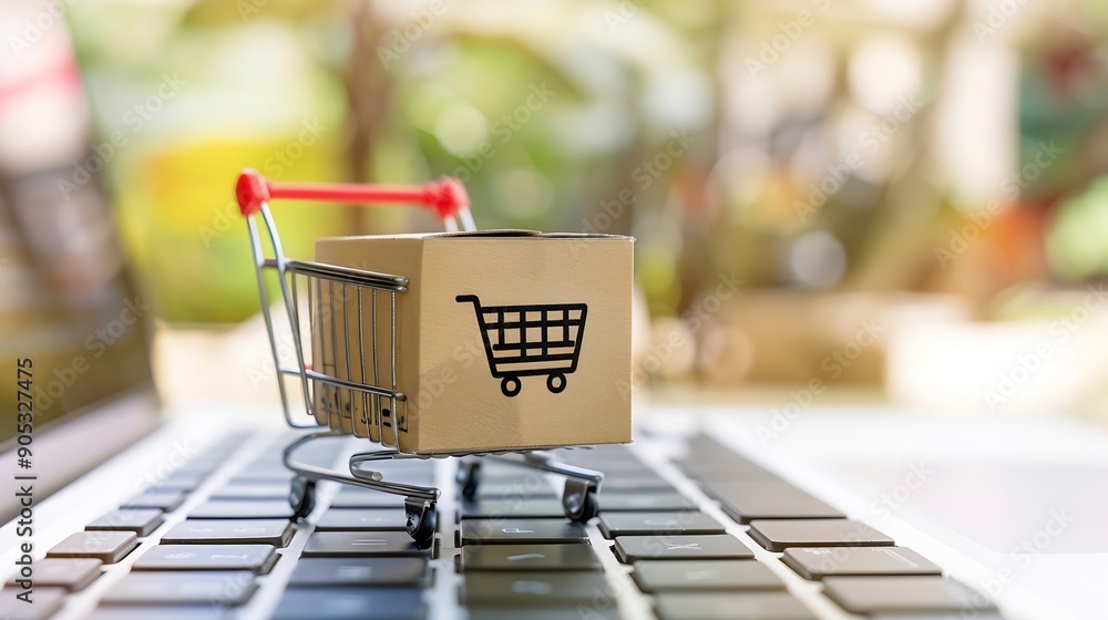 Poster shopping online cardboard box with a shopping cart logo in a trolley on laptop keyboard shopping ser