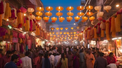 A bustling street during Diwali filled with people shopping for decorations, lights, and sweets, with festive banners and glowing lights overhead.