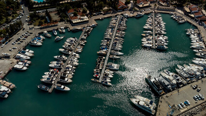 Aerial view of of port and coastal area of Kemer, Turkish beach resort city.