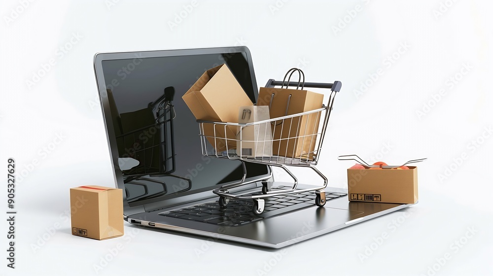 Poster shopping online cardboard box with a shopping cart logo in a trolley and paper bag on laptop keyboar