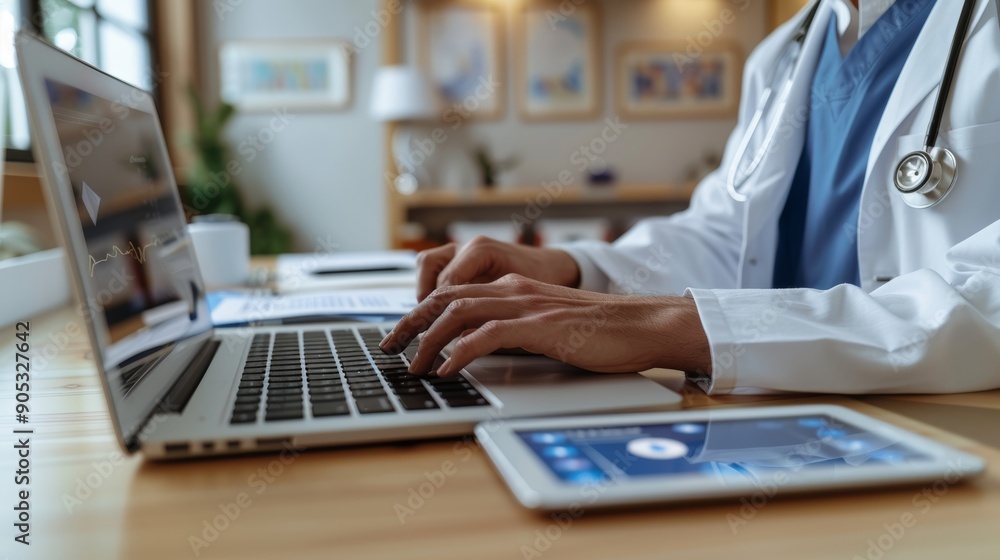 Poster healthcare professional working on laptop while using tablet in modern office setting. generative ai