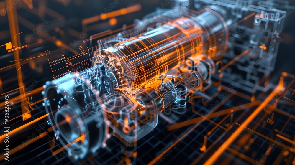 Poster detailed 3d mechanical engine blueprint with exploded view, rendered in a photorealistic style
