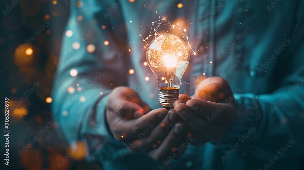 Poster Hand man holding illuminated lightbulb idea innovation and inspiration with glowing virtual brain smart intelligent creativity with bulbs Motivation and innovation concept : Generative AI