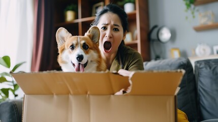 Shocked satisfied woman unpacking delivery parcel Girl shopper online shop customer opening cardboard box receiving purchase gift by fast postal shipping beside cute corgi dog in livin : Generative AI