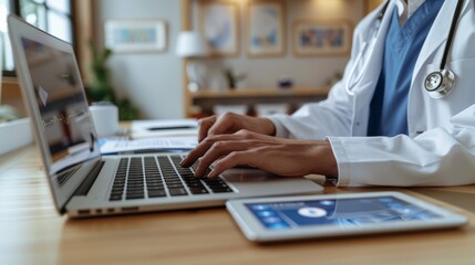 Healthcare Professional Working on Laptop While Using Tablet in Modern Office Setting. Generative AI
