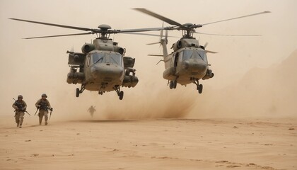 a group of soldiers marching through the dusty desert and support helicopters flying overhead
