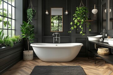 Fototapeta premium Black bathroom interior with white sink and mirror, carpet on hardwood floor, bathtub, plants. Bathing accessories and window in hotel studio. 3D, Generative AI