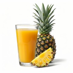 Medium shot of Glass of pineapple juice near the pineapple, isolated on a white background, 