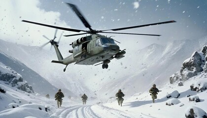 A military helicopter flies low over a snowy mountain pass in a snowstorm. Two soldiers  disembark into the deep snow, quickly setting up a perimeter as heavy snow and dark clouds surround them.
