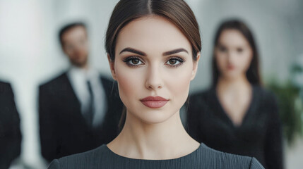 Fototapeta premium Confident Young Professional A Successful and Good-Looking Woman Team Leader Start-up CEO Lawyer or Boss in an Office Setting Exemplifying Leadership and Professionalism with Her Team in the Back