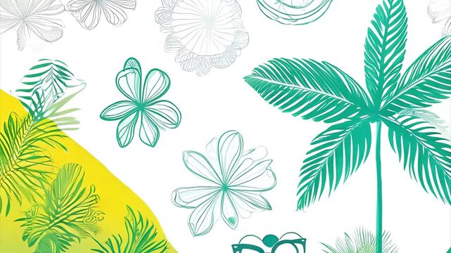 Exotic tropical palm leaves and flowers on trendy summer colorful wallpaper.