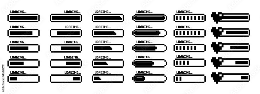 Poster pixel art 8-bit loading bar concept. loading icons set.load bar collection. loading icons on white b